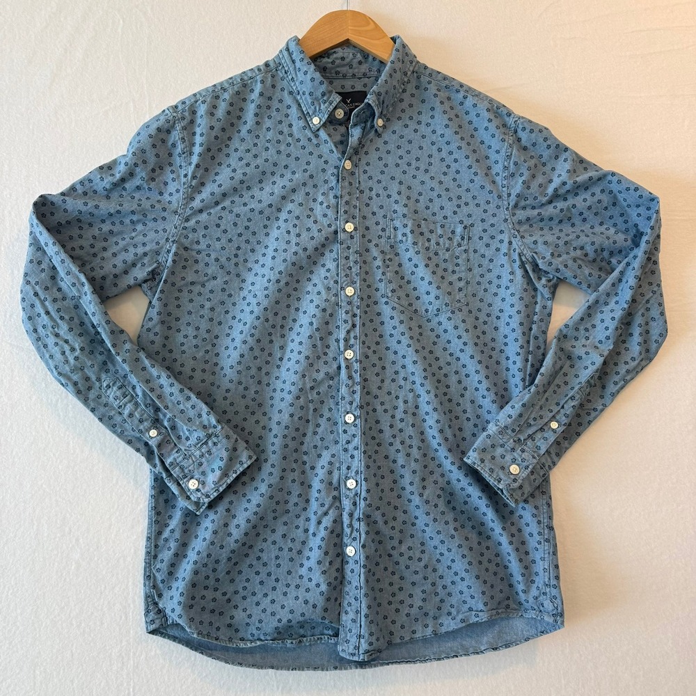 American Eagle Mens Large Tall LT Blue Floral Micro Print Button Down Shirt